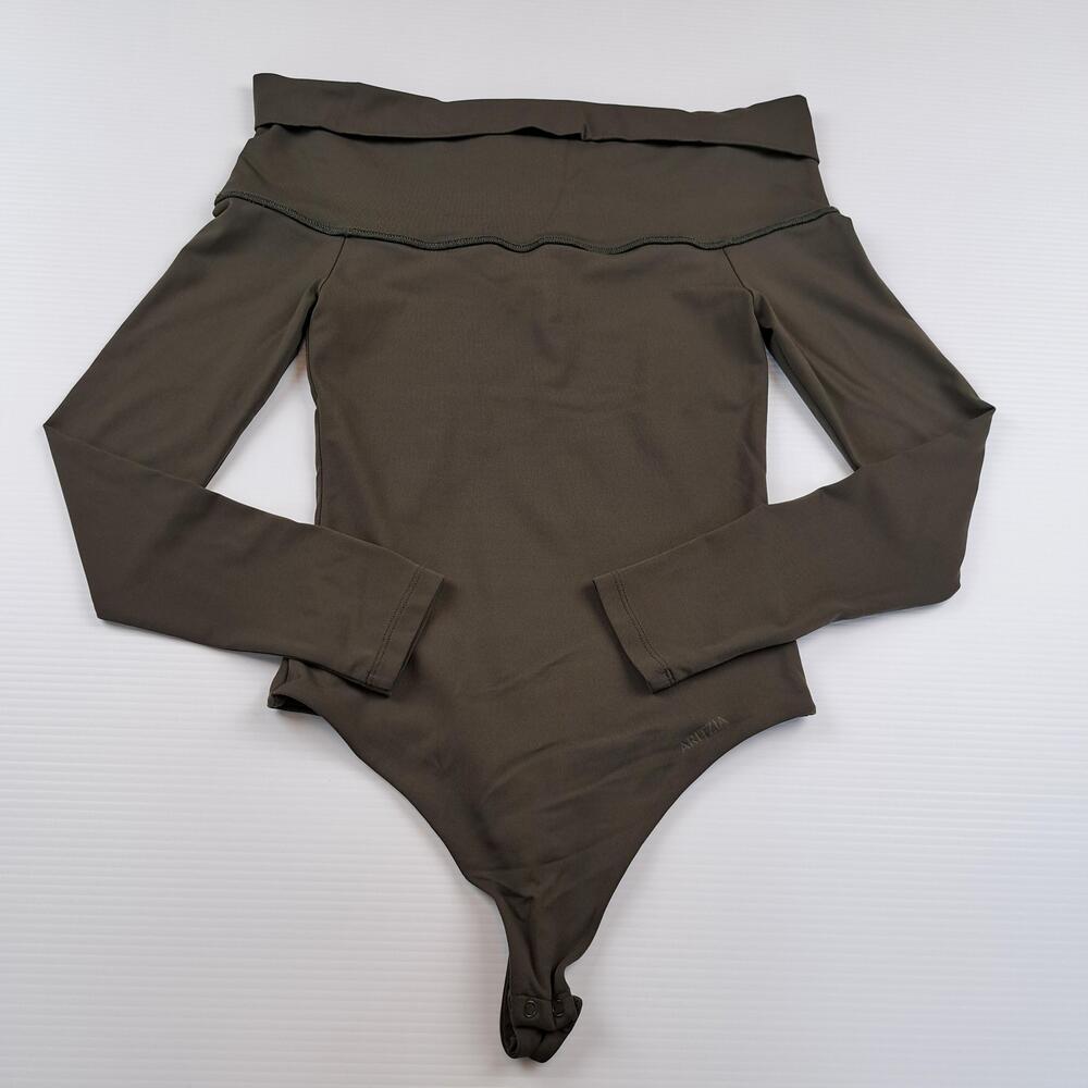 Aritzia Contour Bodysuit Womens Small Green Off Shoulder Long Sleeve Thong